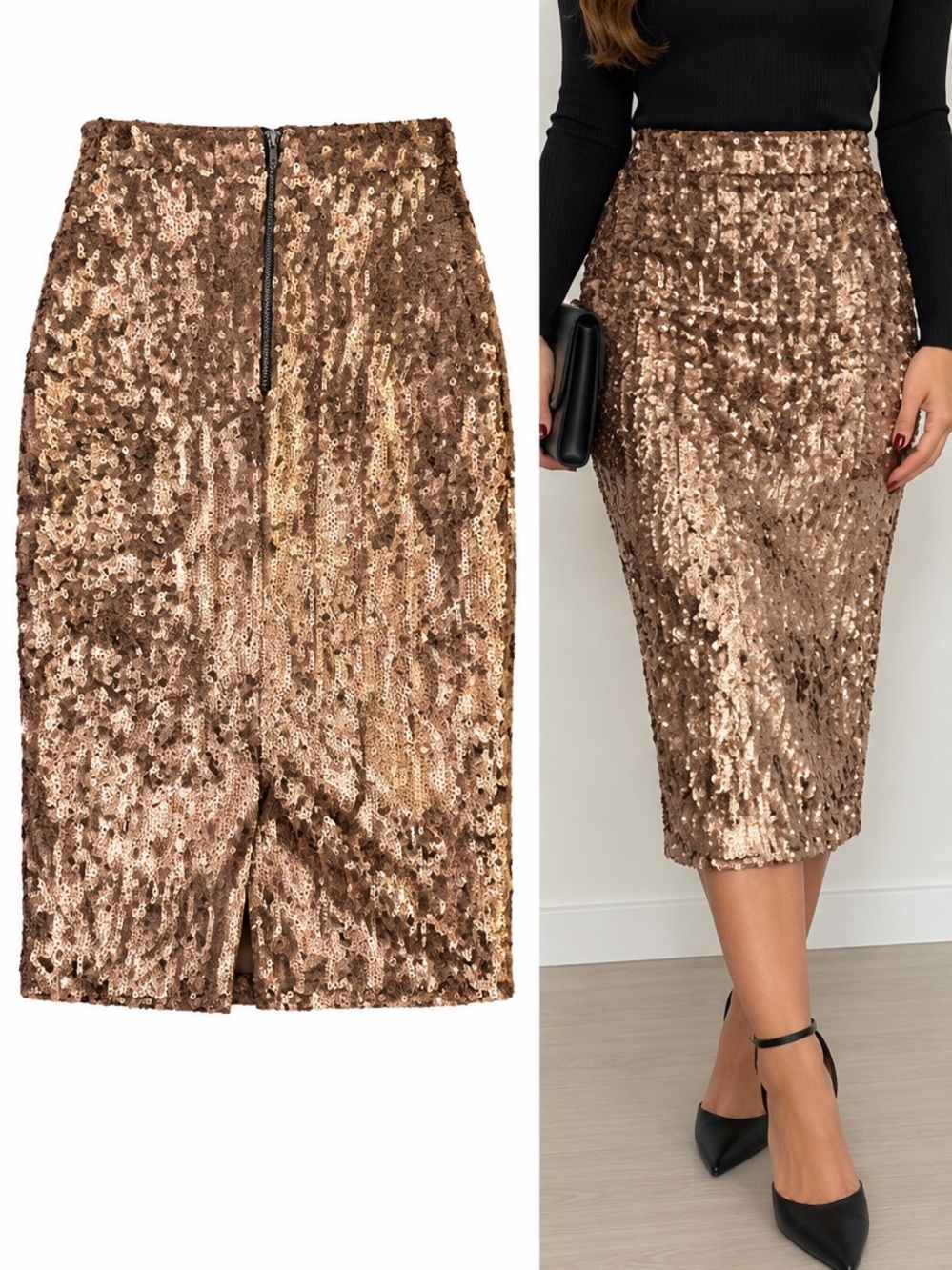 NWT Bar III Metallic Sequin Pencil Skirt in Rose Gold Brown